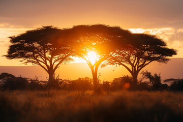 Experience awe-inspiring beauty of Amboseli savanna in Kenya as sun sets, casting a golden light over landscape and creating a serene atmosphere with silhouette of acacia trees adding to sense of tran