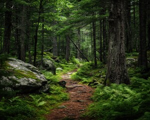 Obraz premium Serene Pathway Through Maine Woods: A Journey Amidst Lush Trees and Nature's Embrace