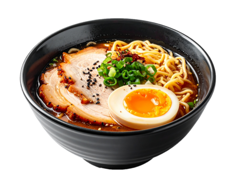 Japanese Shoyu Ramen with Soft-Boiled Eggs, Pork, and Scallions Isolated on White Background