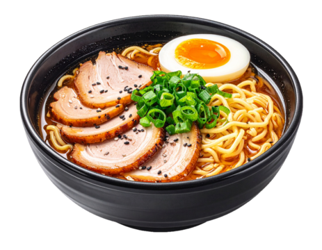 Japanese Shoyu Ramen with Soft-Boiled Eggs, Pork, and Scallions Isolated on White Background