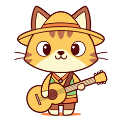 Cute Cat Wearing a Hat Playing Guitar Cartoon Illustration