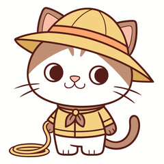 Adorable kawaii kitten explorer character in a safari costume with a hat and rope, isolated on a white background for a children's illustration