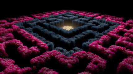 Obraz premium Abstract 3D maze with vibrant pink and dark blue particles, glowing center light, and deep shadows