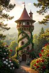 A view of Rapunzel&rsquo;s tower, its intricate, ivy-entwined brickwork shimmering in the gentle, dappled sunlight filtering through the canopy, with blooming flowers in bold reds and whites climbing 