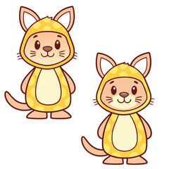 Fototapeta premium Cute cartoon animal mascot illustration, featuring a lovable character in a bright yellow polka-dotted hooded jumpsuit, ideal for kids' products and fun graphics