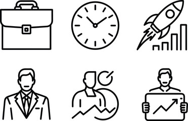 Business icons set featuring briefcase, clock, rocket launch, professional figures, growth charts, productivity and success concept illustrations