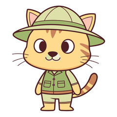 Cute cartoon tabby cat character dressed in a safari explorer outfit with a pith helmet, ready for a jungle adventure on a white background