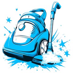 Blue Stylized Vacuum Cleaner with Stars and Splashes illustration cleaning photo