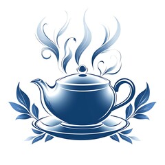 Blue Teapot with Steam and Floral Accents on photo White Background Keywords: teapot, tea, hot