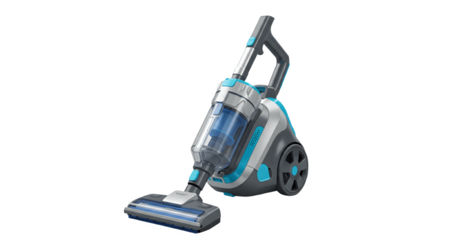 Modern vacuum cleaner isolated on white background. 3D realistic illustration of home cleaning appliance. Household equipment for dust removal, hygiene, cleanliness, and housework concept design.