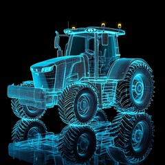 Blue wireframe tractor with reflection on photo black background farm vehicle agricultural machinery