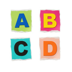 Four torn paper squares with letters a, b, c, d isolated on transparent background