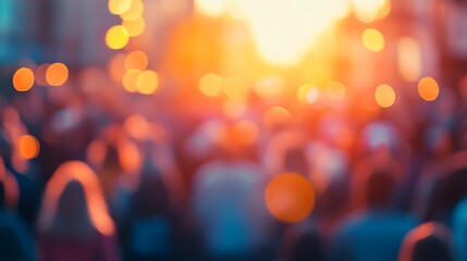 Blurred crowd with warm bokeh lights at sunset people photo