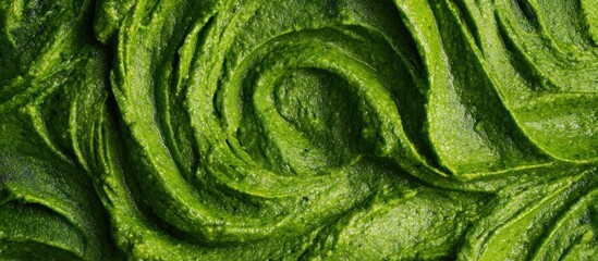 Fototapeta premium Swirling mass of vibrant green paste, possibly a food item like matcha or pesto, showing a rich, textured surface with subtle highlights and shadows