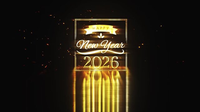 2026 Happy New Year glow text shine light effect in glow fream cinematic title with glow fire particles flow on black abstract background