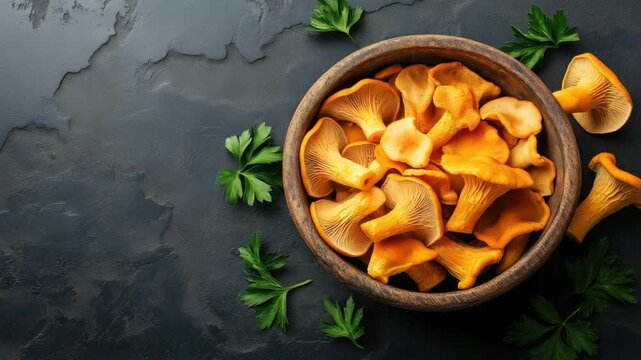 Bright yellow chanterelle mushrooms arranged in a wooden bowl, surrounded by green parsley leaves on a dark stone background. Natural seasonal ingredients. Top view layout.