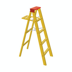 Yellow step ladder with red top isolated on white background, a practical tool for reaching higher places