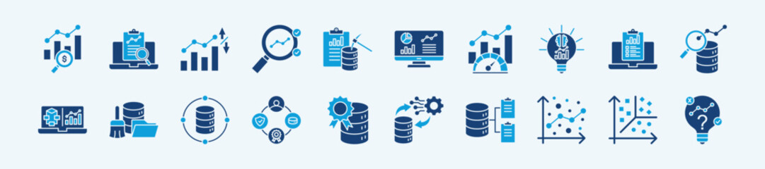 Business analytics thin icon set containing descriptive analytics, predictive analytics, prescriptive analytics, data mining, data visualization
