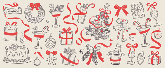 Obraz premium Collection of hand drawn christmas elements vector illustration scalable eps festive holiday gifts ribbons and drinks silhouette vector illustration white background