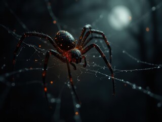 Black spider on glowing spider web with dark halloween background