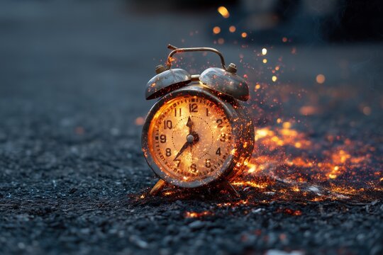 alarm clock on the the fire, time waste concept