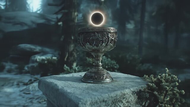 Ornate chalice with glowing orb in dark setting mysterious symbolic imagery