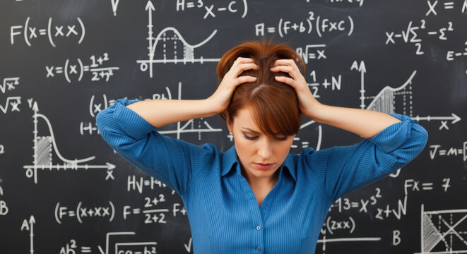 Stressed young woman struggling to solve complex mathematical equations on blackboard filled with scientific formulas and graphs