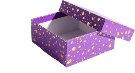 Decorated box is partially opened, revealing a clean interior, against a stark background.