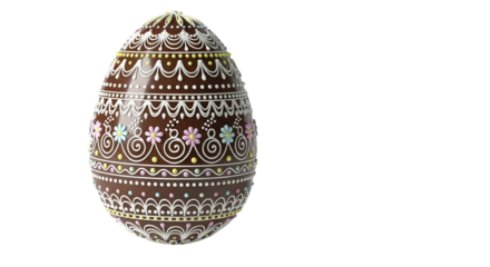 Decorated brown Easter egg features intricate piping with pink, yellow, and blue flower accents.