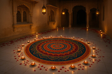 Obraz premium Grand Circular Rangoli with Multi-Layered Mandala Design - Traditional Diwali Festival Floor Art