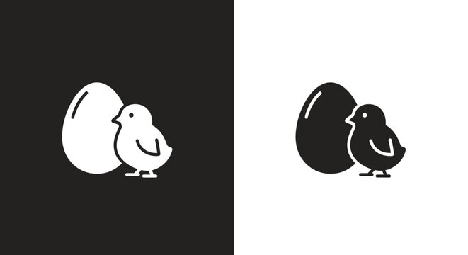 Minimalist icon of a baby chick standing next to an egg.