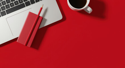 Minimalist workspace with laptop, red notebook, pencil, and coffee cup on bright red desk, modern business organization concept