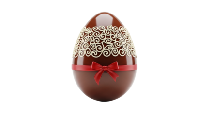 Decorated chocolate egg is presented with a red ribbon and delicate swirls against a isolated background.