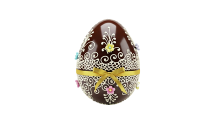 Decorated chocolate egg displays intricate designs, a yellow ribbon, and small colorful flowers against a isolated background.
