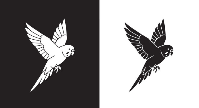 Monochrome graphic illustration of a flying budgerigar parrot.