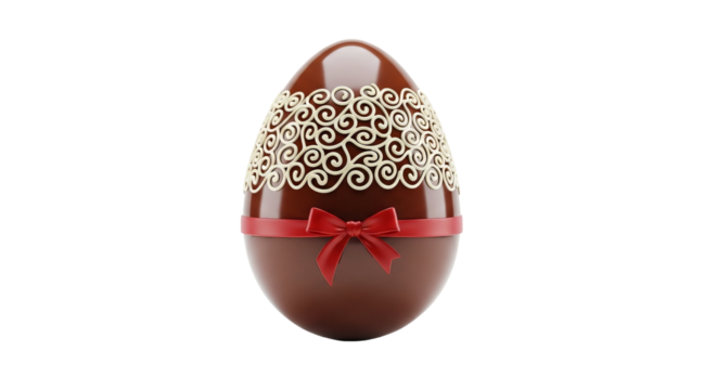 Decorated chocolate egg is presented with a red ribbon and delicate swirls against a isolated background.