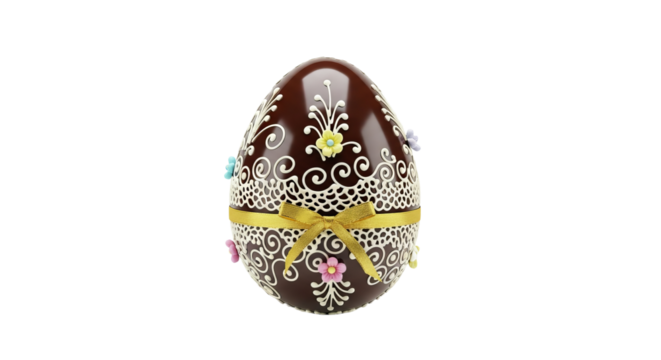 Decorated chocolate egg displays intricate designs, a yellow ribbon, and small colorful flowers against a isolated background.