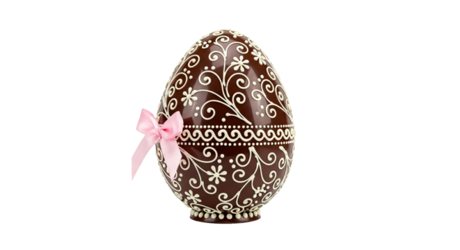 Decorated chocolate egg features swirls and a pink ribbon against a isolated background.