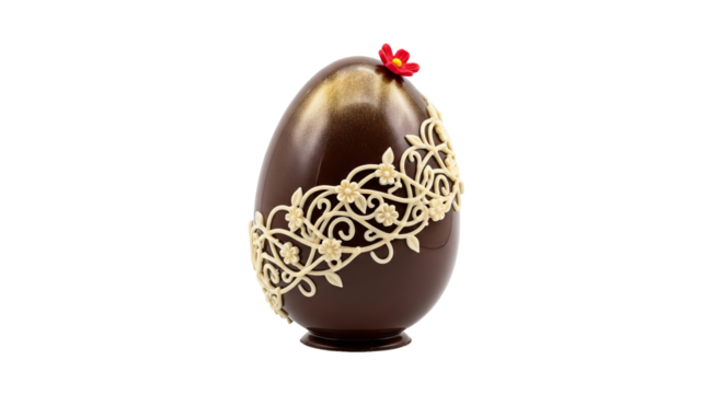 Decorated chocolate egg stands adorned with floral design and single red flower against isolated background.
