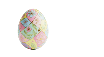 Decorated Easter egg displays pastel squares with floral and leaf designs against a isolated background.