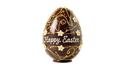 Decorated chocolate egg displays Happy Easter message with flowers against isolated background.