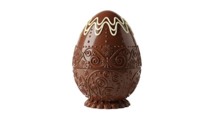 Decorated chocolate egg stands centered against a stark isolated background, featuring intricate designs and light frosting.