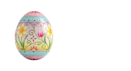 Decorated easter egg displays floral designs with yellow daffodils and pink tulips on a light background.