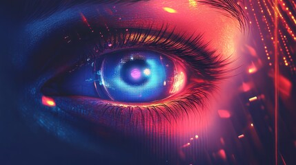 A close up of a blue eye with a purple dot in the center