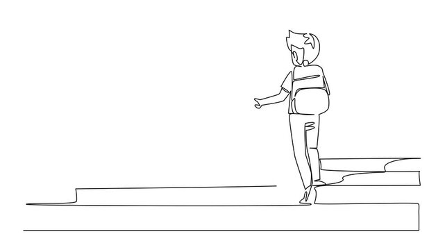 Animation of continuous one line drawing 2 boys carrying backpacks holding hands walking up the stairs. Take care. Walk Safely To School Day. Single line self drawing animated. Full length motion