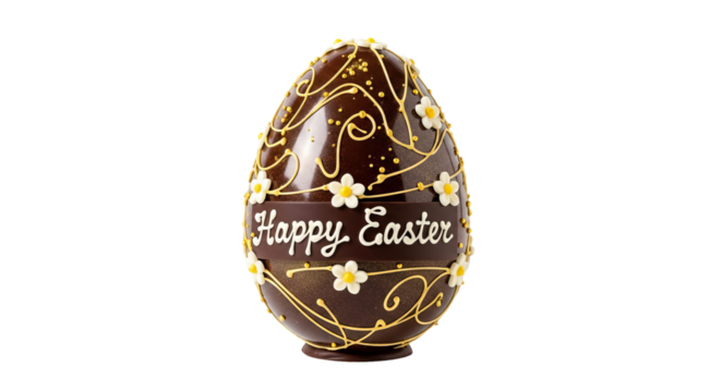 Decorated chocolate egg displays Happy Easter message with flowers against isolated background.