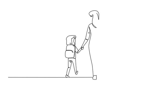 Animation of continuous one line drawing a little girl carrying a backpack walking hand in hand with her mother. Love . Walk Safely To School Day. Single line self drawing animated. Full length motion