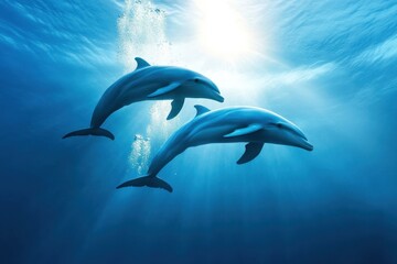 Obraz premium Dolphins swim gracefully in clear blue ocean waters during a sunny day