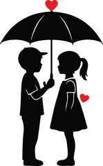 Children Silhouettes Under Umbrella with Hearts love