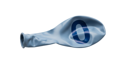 Deflated balloon displays the dark blue digit zero against a isolated background.